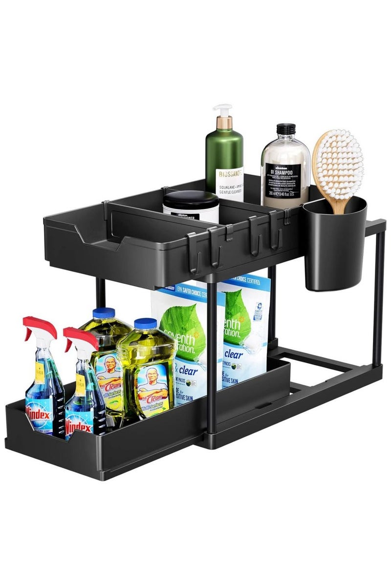 AIWANTO Double Sliding Cabinet Organizer 2-Tier Pull-out Drawer Under Sink Organizers and Multi-purpose Kitchen Bathroom Sink Shelf Storage Rack for Cabinet with 5 Hooks and 2 Utensil Holder Black 36.5x40x16.5cm  - Image 1