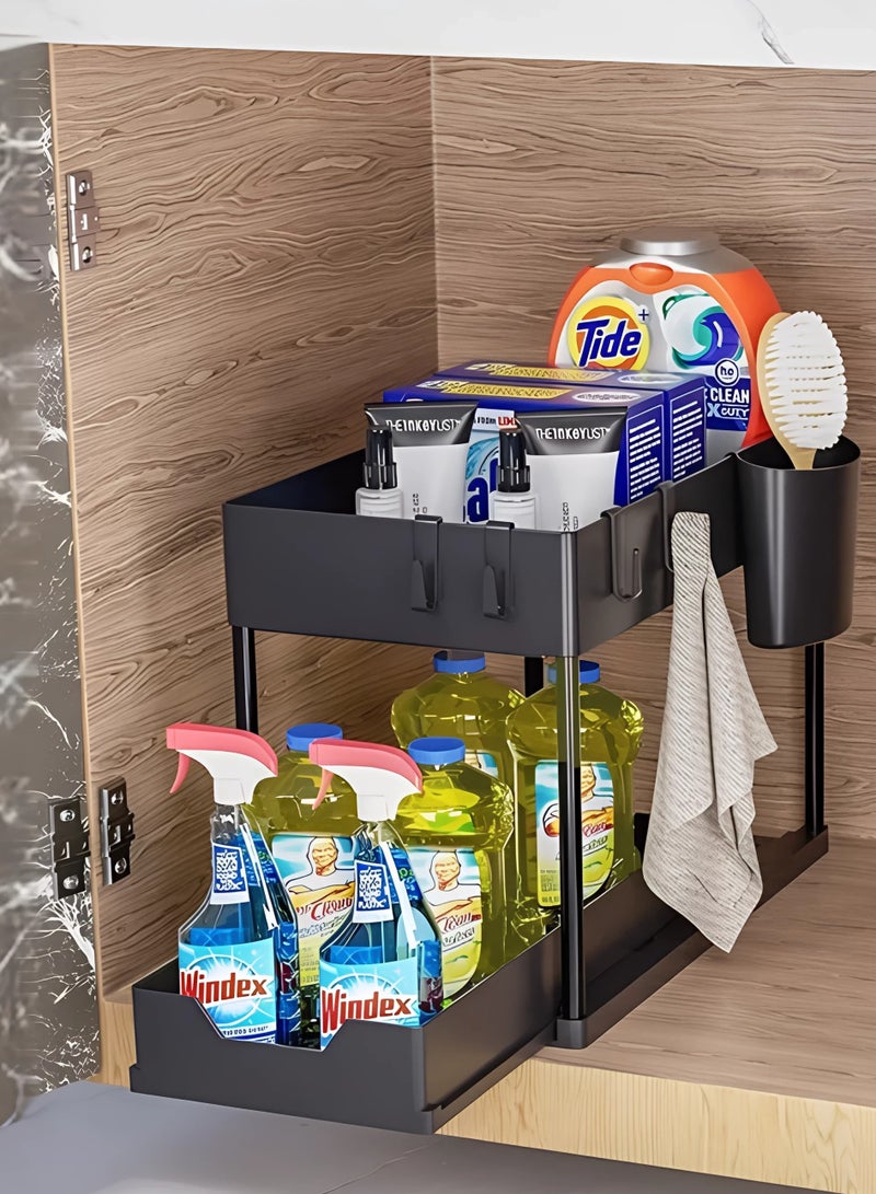 AIWANTO Double Sliding Cabinet Organizer 2-Tier Pull-out Drawer Under Sink Organizers and Multi-purpose Kitchen Bathroom Sink Shelf Storage Rack for Cabinet with 5 Hooks and 2 Utensil Holder Black 36.5x40x16.5cm  - Image 2