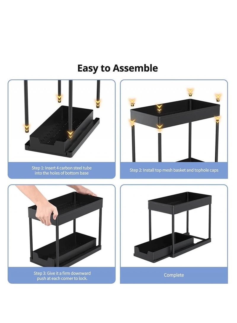 AIWANTO Double Sliding Cabinet Organizer 2-Tier Pull-out Drawer Under Sink Organizers and Multi-purpose Kitchen Bathroom Sink Shelf Storage Rack for Cabinet with 5 Hooks and 2 Utensil Holder Black 36.5x40x16.5cm  - Image 3