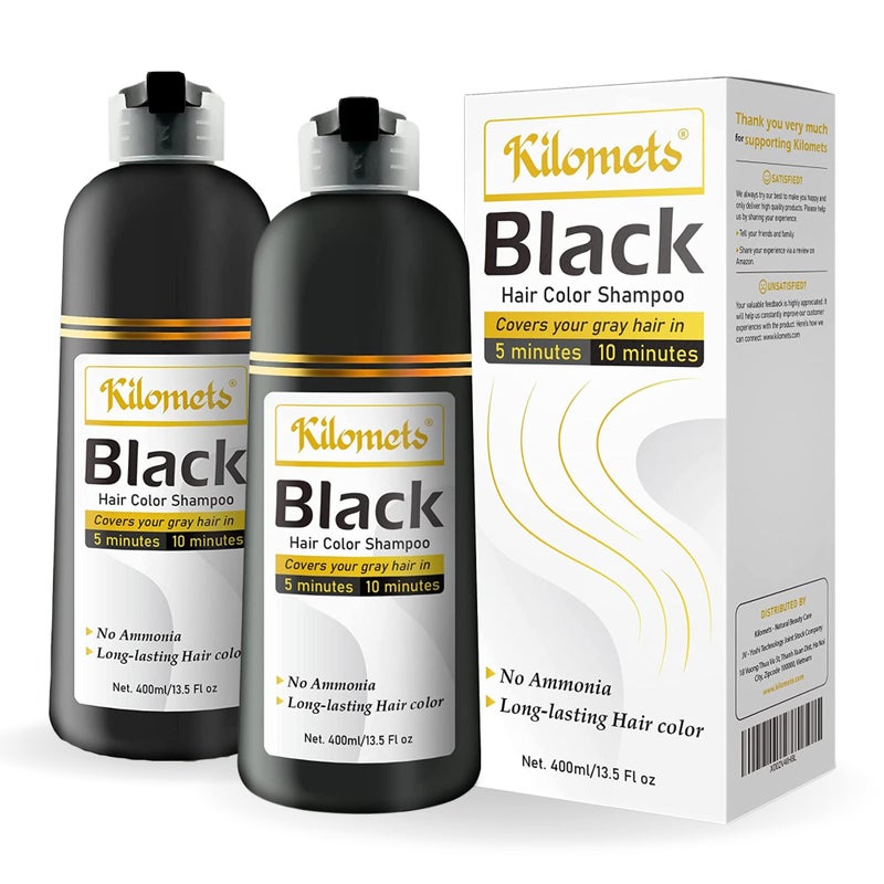 Kilomets Black Hair Dye Shampoo 400ml Pack 2100 Grey Coverage in Minutes Ammonia Free Hair Color Shampoo Gray Silver Hair Instant Coloring At Home Gift for Her for Him