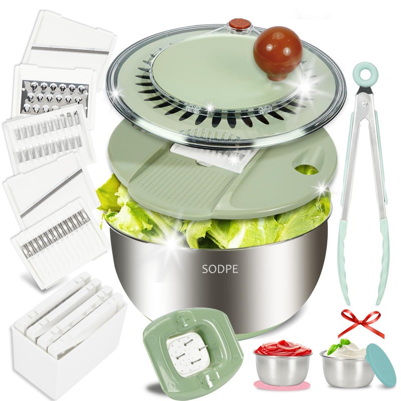 SODPE Stainless Steel Salad Spinner Large with 5 Blades Slicer Lettuce Washer Spinner and Dryer Vegetable Fruits Chopper Bowl Egg Yolk Strainer Comes with Dipping Saucers and Clip 53Qt - Image 2