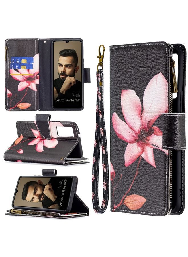 HuHa Case Cover For vivo V21e 5G Colored Drawing Pattern Zipper Horizontal Flip Leather Case with Holder & Card Slots & Wallet Lotus 
