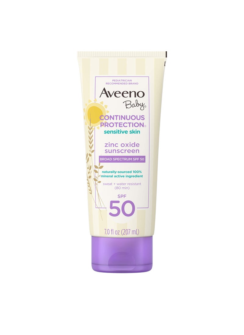 Aveeno Baby Aveeno Baby Continuous Protection Zinc Oxide Mineral Sunscreen Lotion for Sensitive Skin, Broad Spectrum SPF 50, Tear-Free, Sweat- & Water-Resistant, Paraben-Free, Non-Greasy, 7 fl. oz 