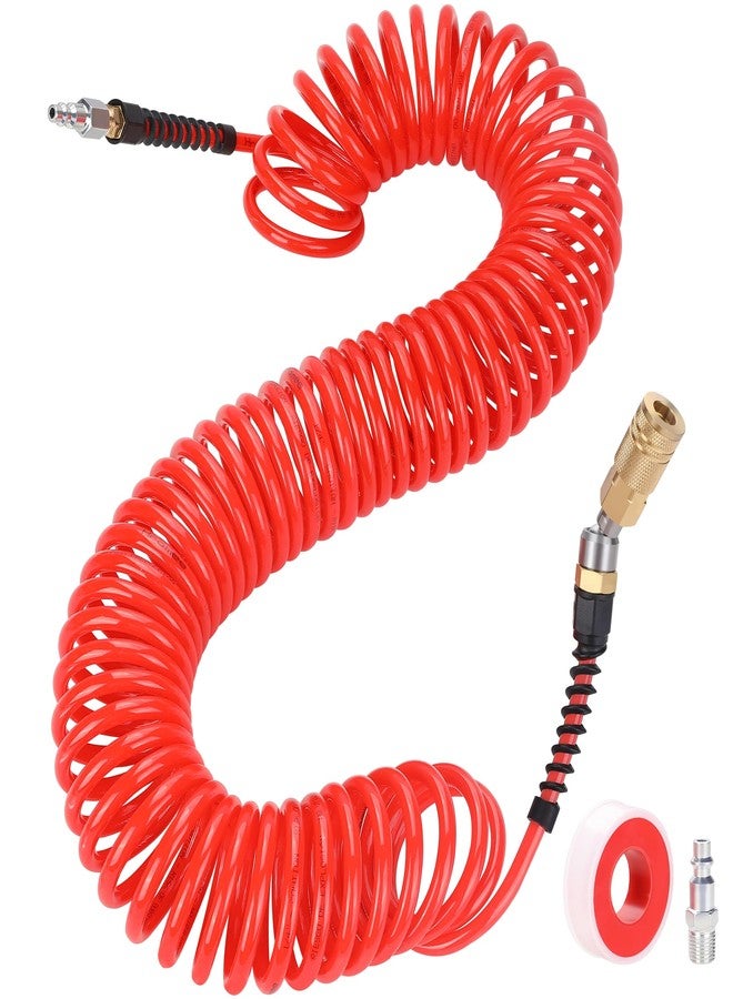 Hromee 1/4 in x 30 ft Polyurethane Recoil Air Hose with 1/4" I/M Industrial Type Swivel Quick Connect Air Coupler and Plug Kit, Red - Image 1