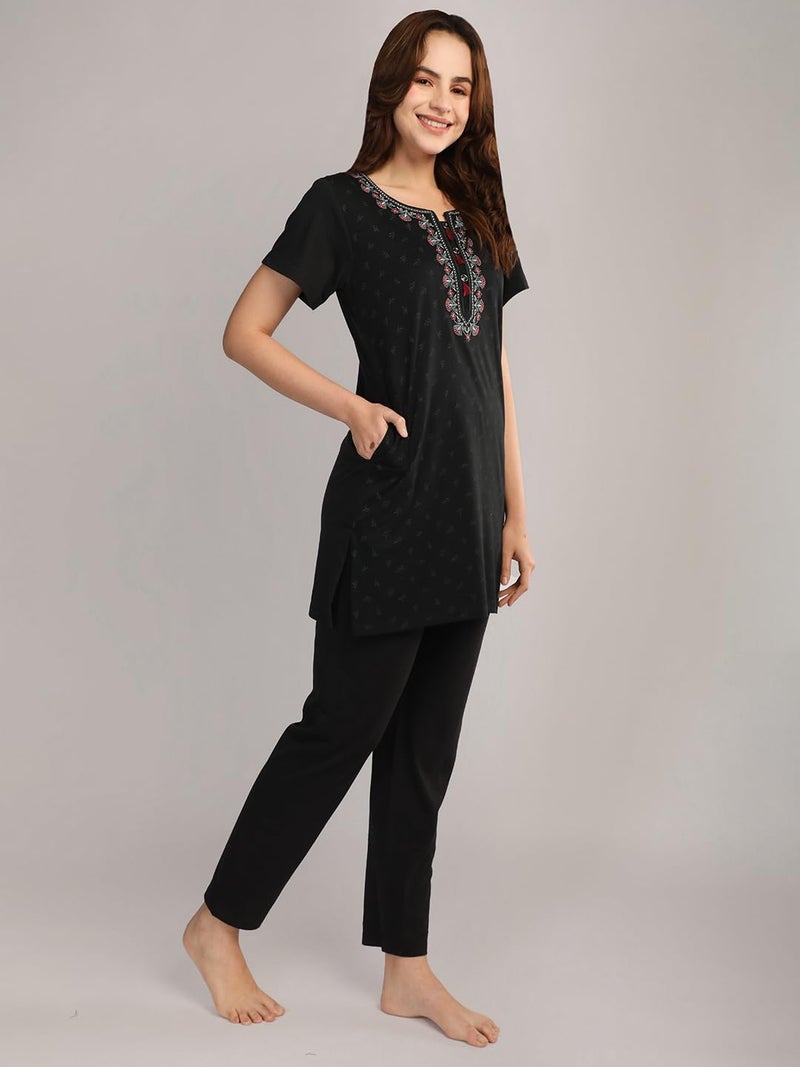 Duchess Women's Cotton Tie & die & Embroided Long Length Night Suit Set - Image 5
