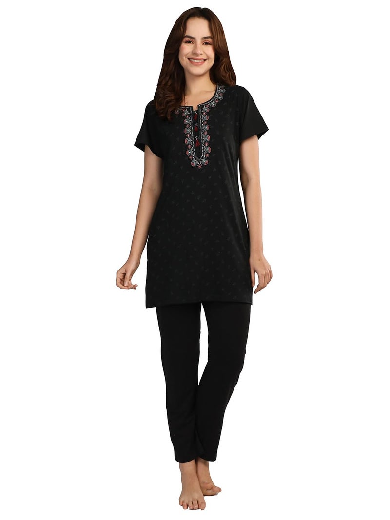 Duchess Women's Cotton Tie & die & Embroided Long Length Night Suit Set - Image 1