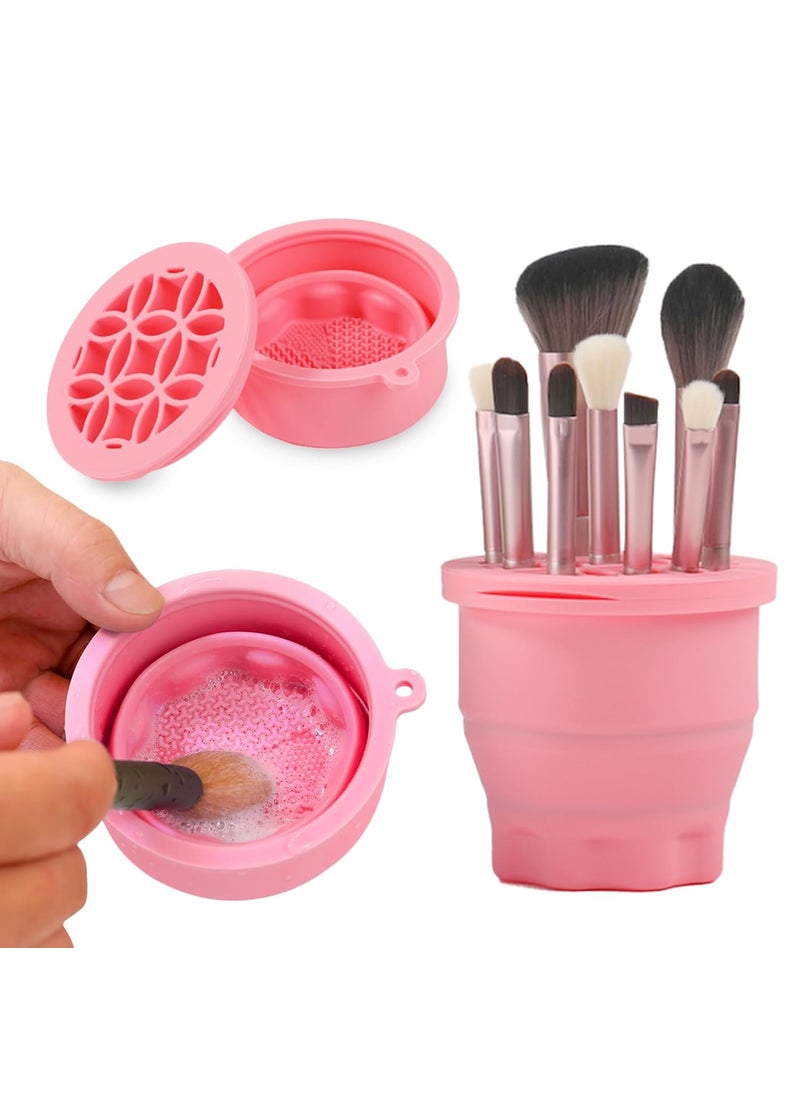Ranphykx - Makeup Brushes Cleaner Mat with Brush Storage Holder, Folding Portable Washing Tool for Makeup Brush Cleaning, 2 In 1 Silicone Brush Cleaner Pad & Cosmetic Brush Organizer Rack (Pink) - Image 1
