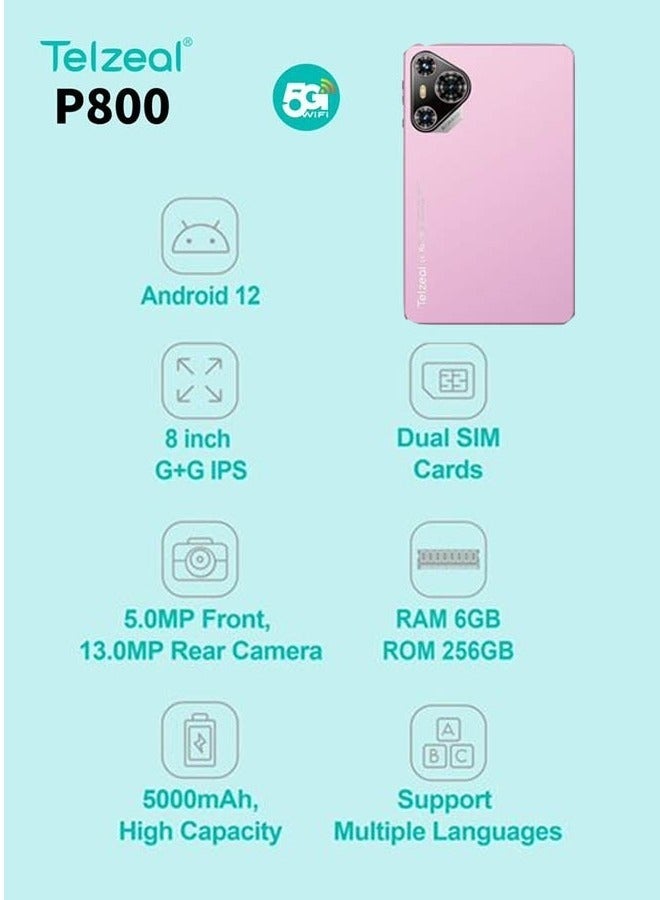 Telzeal P800 8-Inch Android 12 Tablet | 6GB RAM + 256GB Storage | Dual SIM 4G LTE + 5G WiFi | 5000mAh Battery | Wireless Keyboard Bundle | Slim Portable Pink Design - Image 4