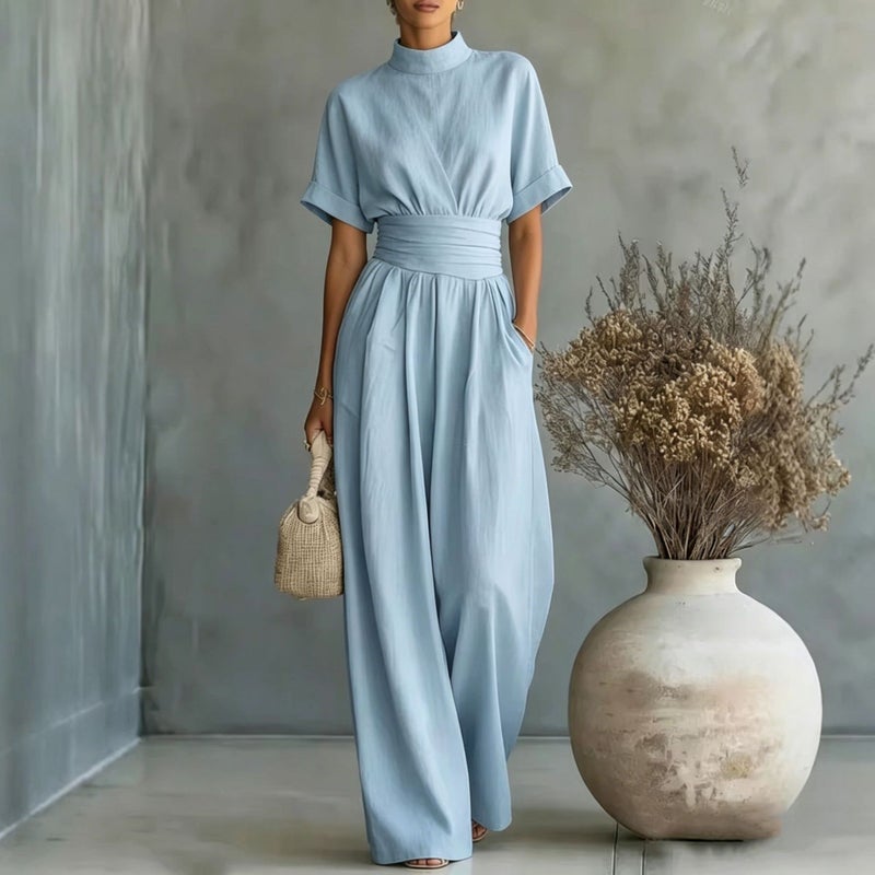 Semi High Neck Short Sleeve Wide Leg Jumpsuit Women Casual Loose Fit Trousers - Image 1
