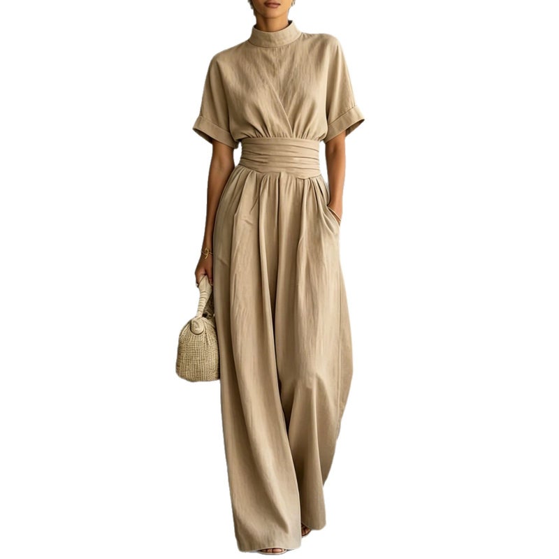 Semi High Neck Short Sleeve Wide Leg Jumpsuit Women Casual Loose Fit Trousers - Image 5