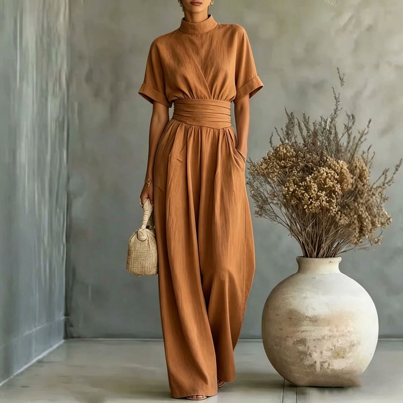 Semi High Neck Short Sleeve Wide Leg Jumpsuit Women Casual Loose Fit Trousers - Image 4