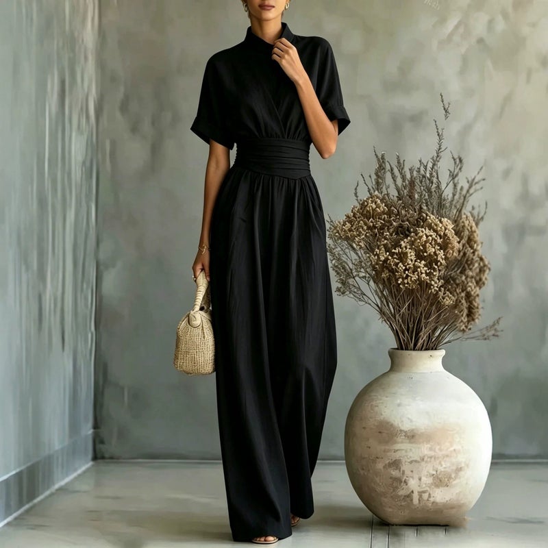 Semi High Neck Short Sleeve Wide Leg Jumpsuit Women Casual Loose Fit Trousers - Image 2