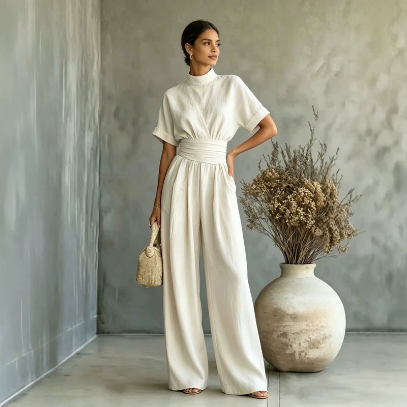 Semi High Neck Short Sleeve Wide Leg Jumpsuit Women Casual Loose Fit Trousers - Image 3