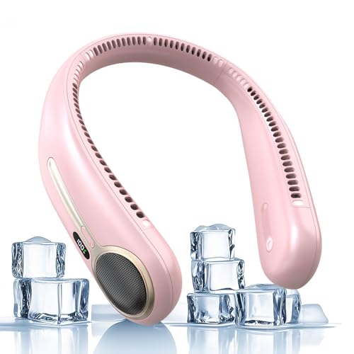Kinhowly Portable Neck Fan Personal Wearable Bladeless Fan 6000mAh USB Rechargeable 360 Cooling LED Display 4Speeds Hands Free Fan for Outdoor Indoor Birthday Gifts for Men Women Dad Mom Pink - Image 1