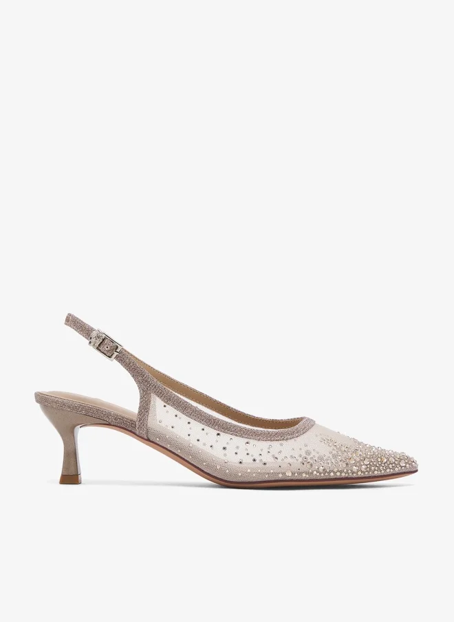 Mesh Rhinestone Embellished Gold Mid Heel Pumps