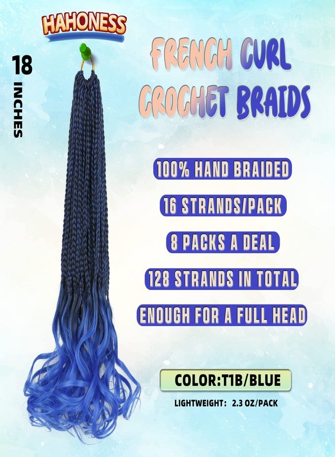 hahoness French Curl Crochet Braids for Black Women-18 Inches 8 Packs Goddess Box Braids,Ombre Blue Soft Pre Looped Braided Synthetic Hair Extensions with Curly Wavy Ends(18"-8 Packs,T1B/Blue) - Image 2