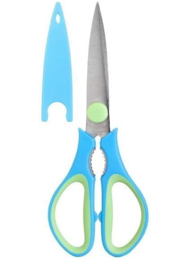 Generic Kitchen Shears with Safety Cover – Stainless-Steel Multipurpose Scissors, Soft-Grip Handles, Micro-Serrated Edge & Built-in Nut/Cap Cracker – Blue/Green – 1pcs - Image 1