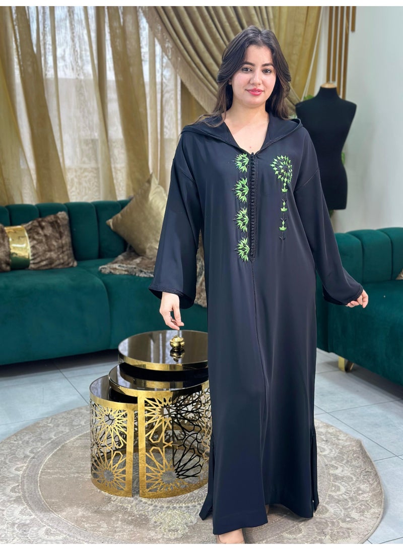 Al Merrakchiya Women’s Djellaba – Long Moroccan Kaftan | Traditional Kabylen Style Arabic Dress | Comfortable Soft Crepe Fabric | Long Sleeve Jalabiya For Womens  -Black-DD7 - Image 2