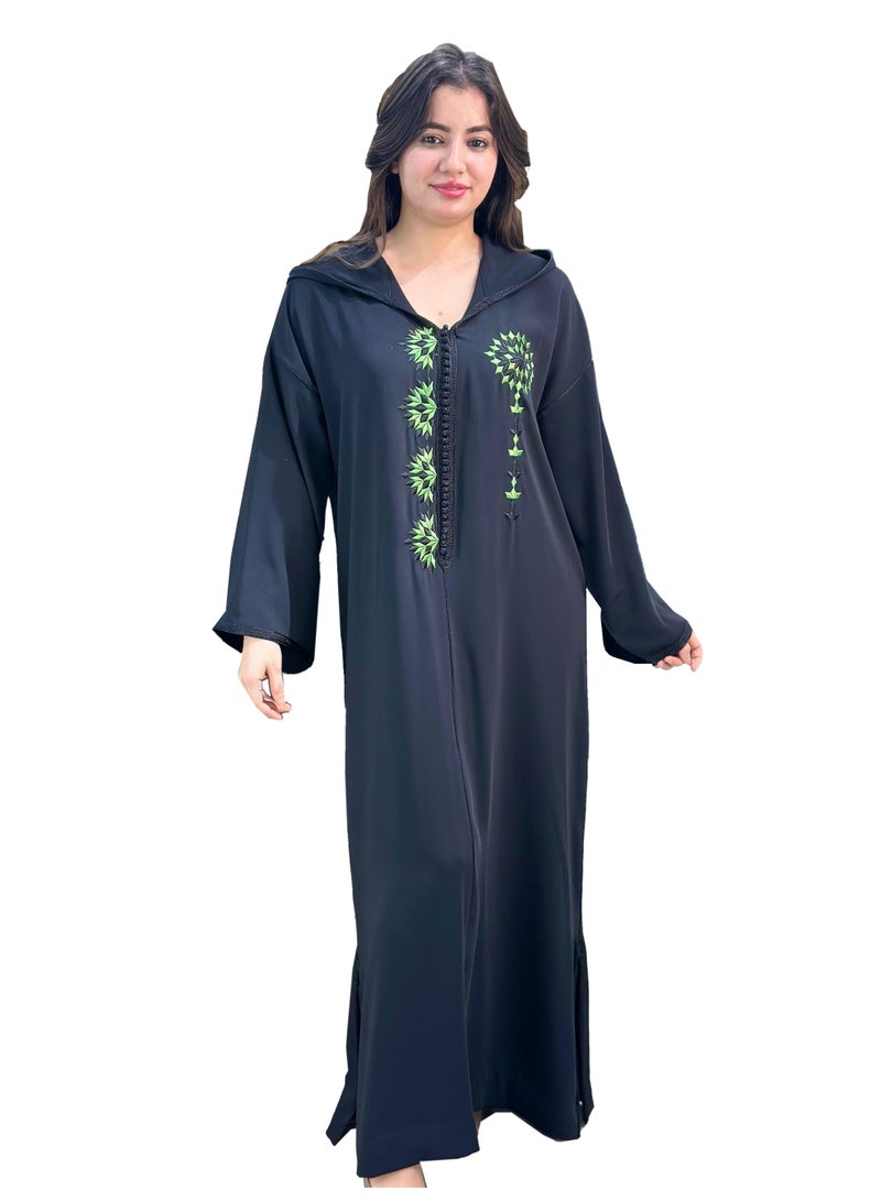 Al Merrakchiya Women’s Djellaba – Long Moroccan Kaftan | Traditional Kabylen Style Arabic Dress | Comfortable Soft Crepe Fabric | Long Sleeve Jalabiya For Womens  -Black-DD7 - Image 1