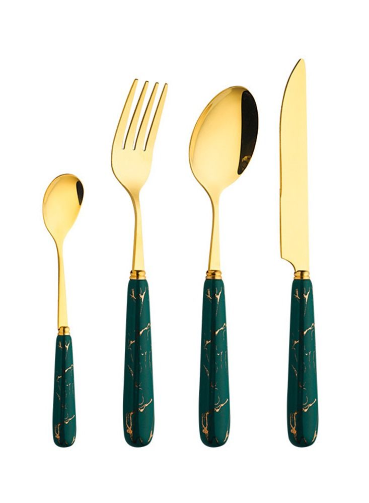 24 Piece Ceramics Stainless Steel Flatware Set with Knife Spoon Fork（Dark Green） - Image 2
