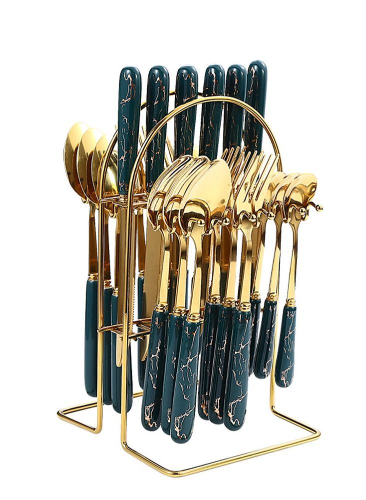 24 Piece Ceramics Stainless Steel Flatware Set with Knife Spoon Fork（Dark Green） - Image 1