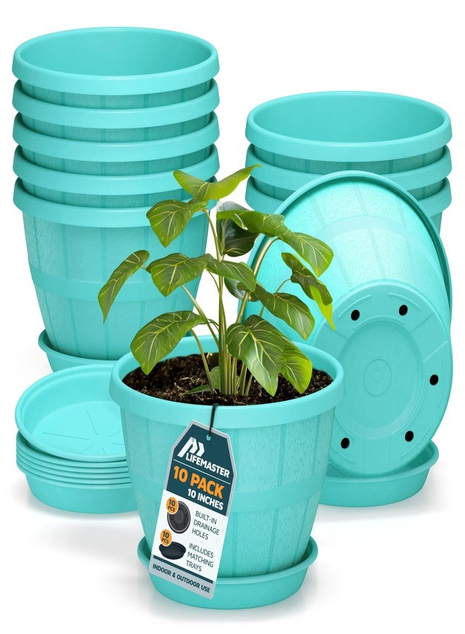 LifeMaster 10-Inch Whiskey Barrel Planters Outdoor Pack of 10 - Durable Plastic Plant Pots for Indoor & Outdoor Use with Drainage & Saucer, Lightweight Rustic Barrel Planters for Flowers, Herbs & Small Plants - Image 1