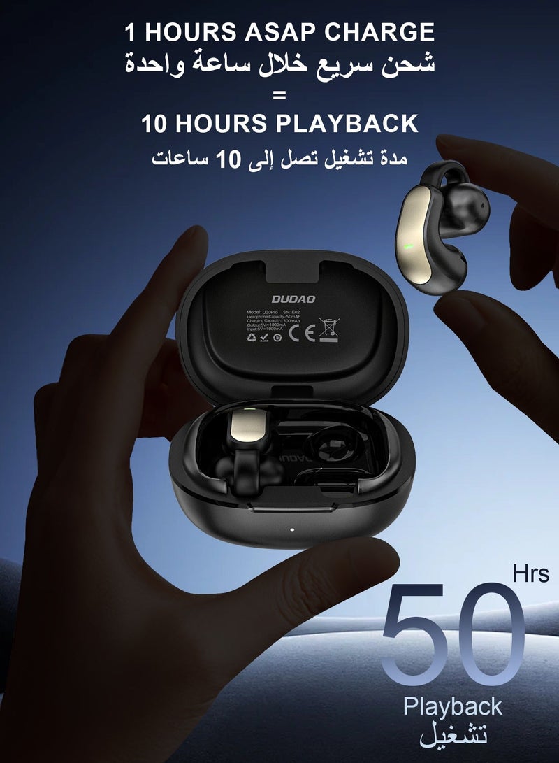 DUDAO U20Pro Open-Ear Clip-On Wireless Earbuds – FreeClip Bluetooth Earphones, Futuristic Design, Feather-Light Comfort, Open-Ear Listening, Long Battery Life, iOS & Android – Black - Image 3