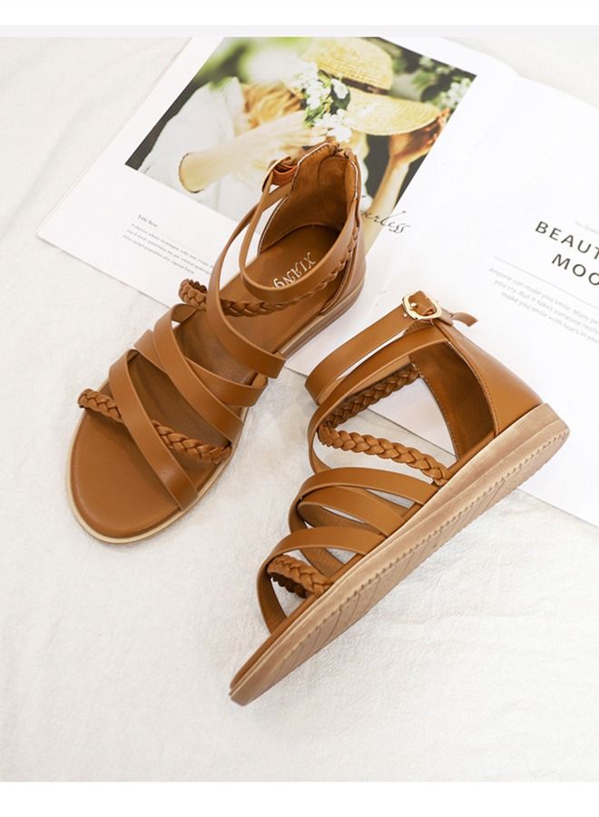 Loquat Simple Woven Large Sandals 3CM Brown  - Image 3