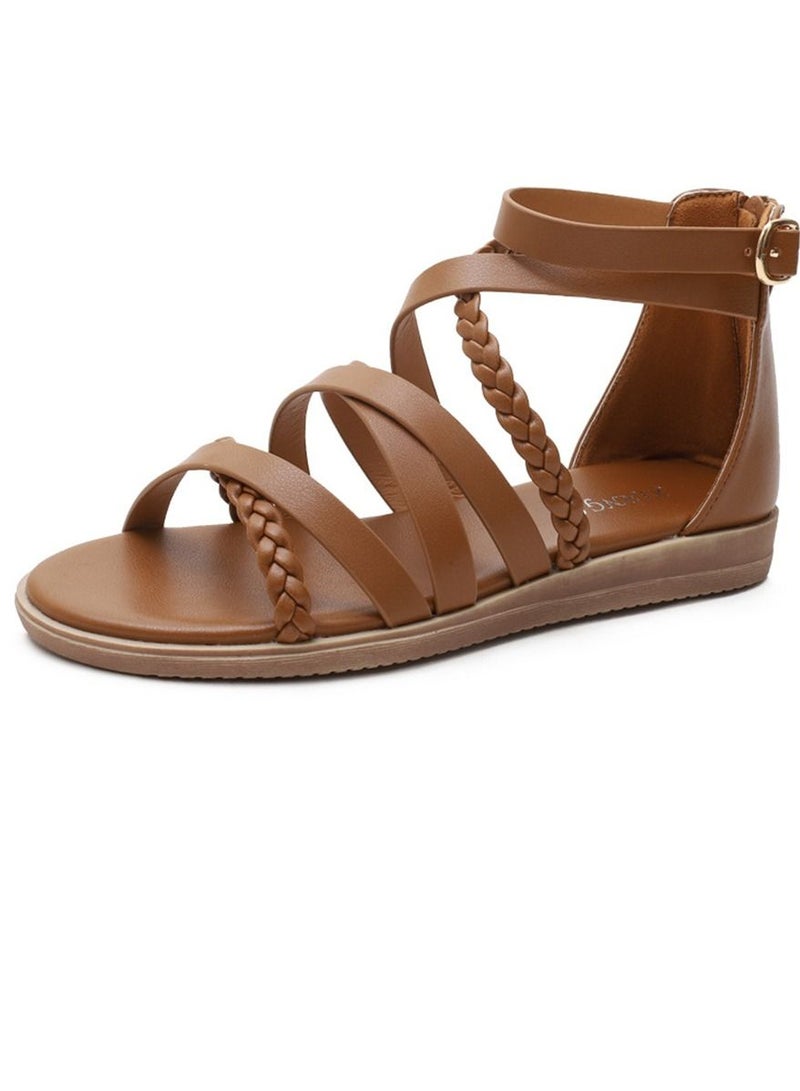Loquat Simple Woven Large Sandals 3CM Brown  - Image 1