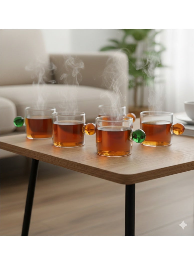 أكواب الشاي اليومية ، مقبض الكرة الملونة ، مجموعة فنجان القهوة ، مجموعة من 6 قطع ، زجاج ، 100 مل - Image 1