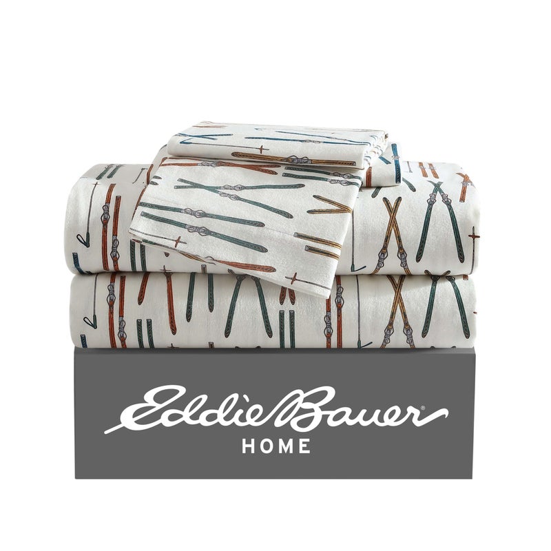 Eddie Bauer  Queen Sheet Set Warm Breathable Cotton Flannel Bedding with Deep Pockets Brushed for Extra Softness Cozy Home Decor OekoTex Certified Ski Line White Queen