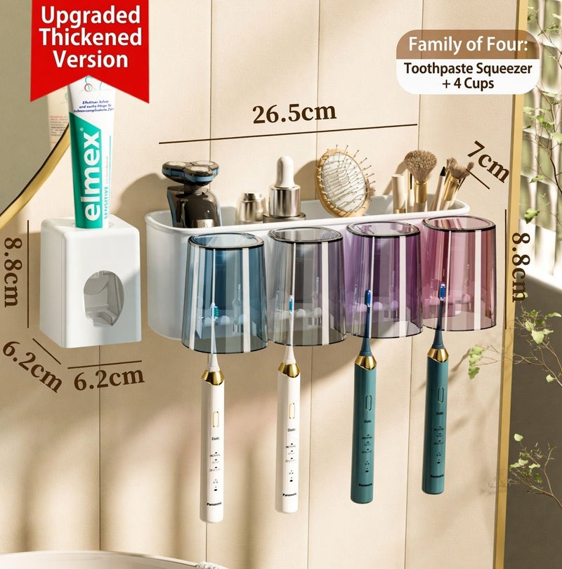 No Drill Wall Mounted Automatic Toothpaste Dispenser with 4 Cups Toothbrush Holder, Plastic Bathroom Organizer with Toothpaste Squeezer for Family of Four, Family Bathroom Storage Set