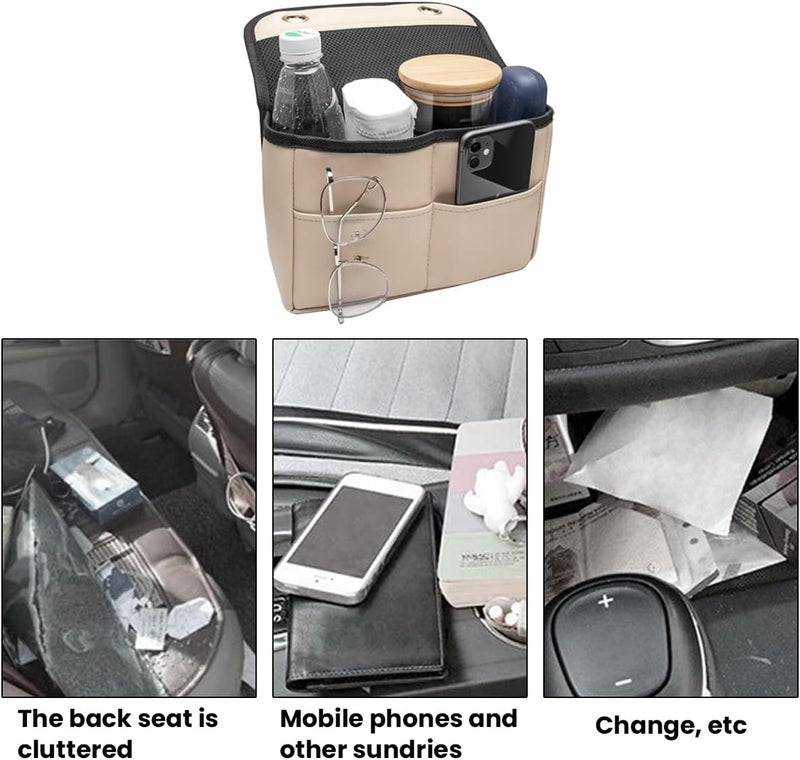 JNNJ PU Leather Car Seat Storage Bag - Multi-Pocket Organizer for Bottles, Toys, and Phone (Brown Red) - Image 4