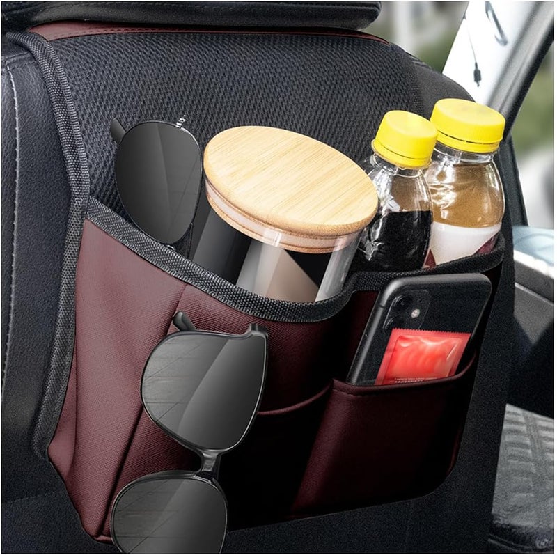 JNNJ PU Leather Car Seat Storage Bag - Multi-Pocket Organizer for Bottles, Toys, and Phone (Brown Red) - Image 1