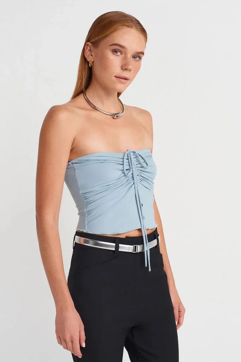 DILVIN Women’s Strapless Crop Blouse With Tie Detail