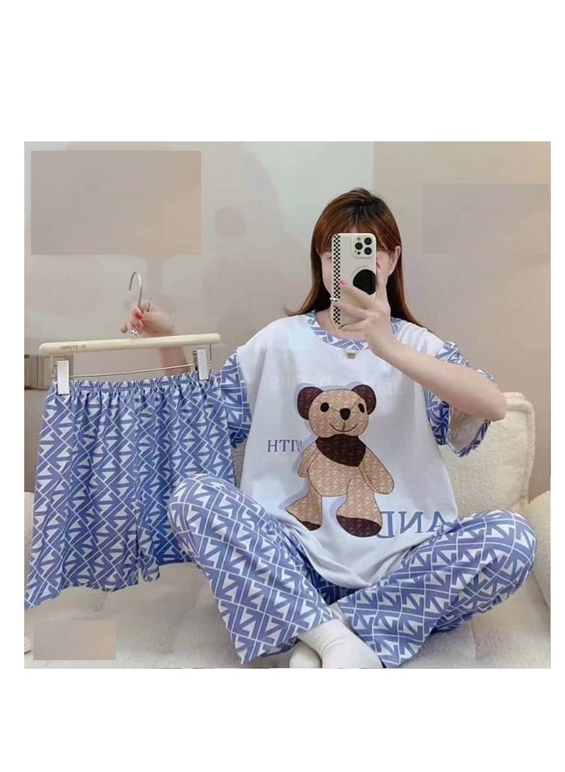 BAIG 3 PCs short sleeve night suit set cute cartoon print loose sleepwear dress pajama set for women - Image 1