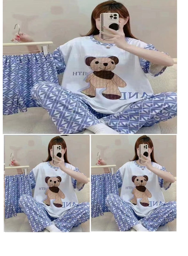 BAIG 3 PCs short sleeve night suit set cute cartoon print loose sleepwear dress pajama set for women - Image 2