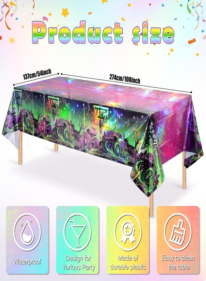 Jectivs 3 Pcs Monster Truck Iridescence Party Tablecloth Decorations,54 x 108 Inch Plastic Happy Birthday Truck Table Cloth Disposable Purple Green Laser Table Cover for Birthday Racing Themed Party Supplies - Image 2