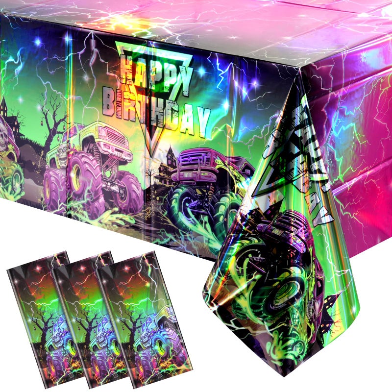 Jectivs 3 Pcs Monster Truck Iridescence Party Tablecloth Decorations,54 x 108 Inch Plastic Happy Birthday Truck Table Cloth Disposable Purple Green Laser Table Cover for Birthday Racing Themed Party Supplies - Image 1