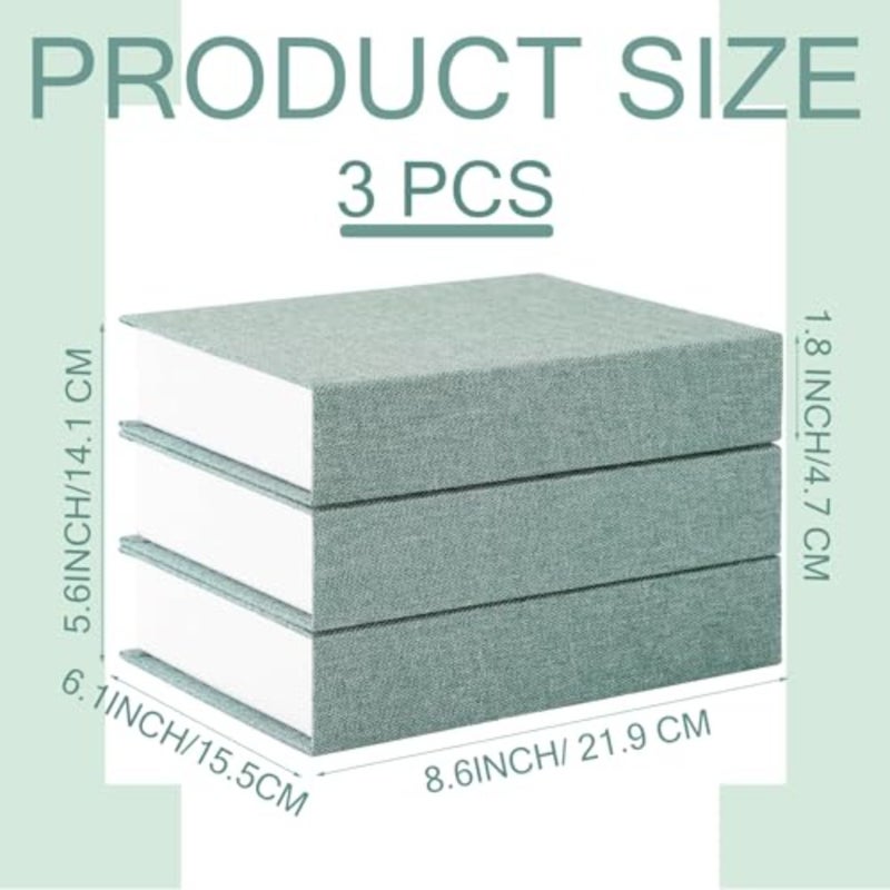 3 Pcs Decorative Book Box Modern Fake Book Storage Box Linen Faux Books for Bookshelf Decoration Coffee Table Book for DIY Crafts Green, 8.6 x 6.1 x 1.8 Inch - Image 2
