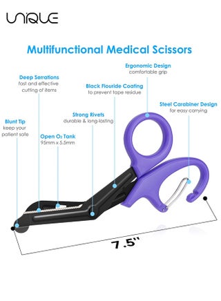 Trauma Scissors Medical Scissors with Carabiner - 2 PCS 7.5" Bandage Nursing Scissors - Premium Fluoride-Coated Surgical Scissors for Nurses, Doctors, Nursing Students, First Aid, EMT EMS - Purple - view 2