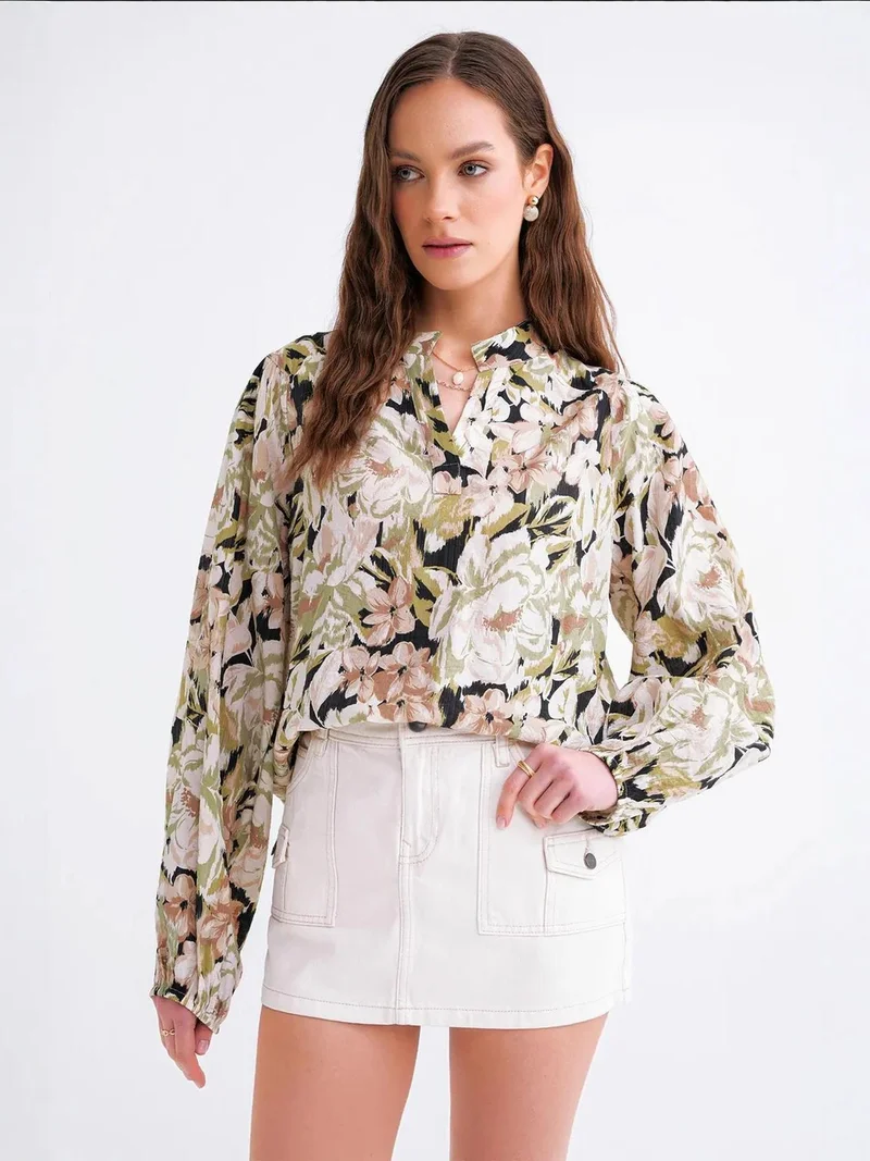 MixRay Floral Print Long Sleeve Mandarin Collar Blouse