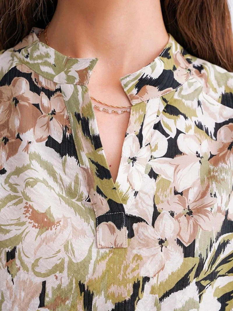 MixRay Khaki Green Floral Print Long Sleeve Mandarin Collar Blouse for Women | Best Price UAE