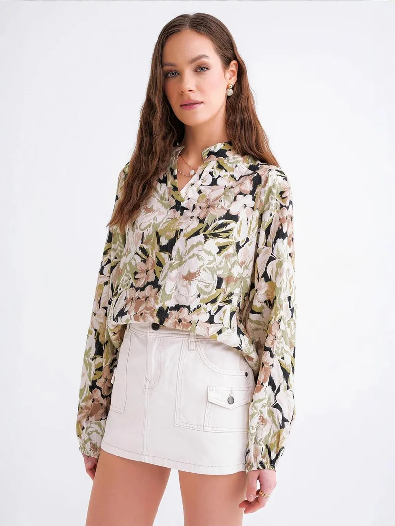 MixRay Khaki Green Floral Print Long Sleeve Mandarin Collar Blouse for Women | Best Price UAE