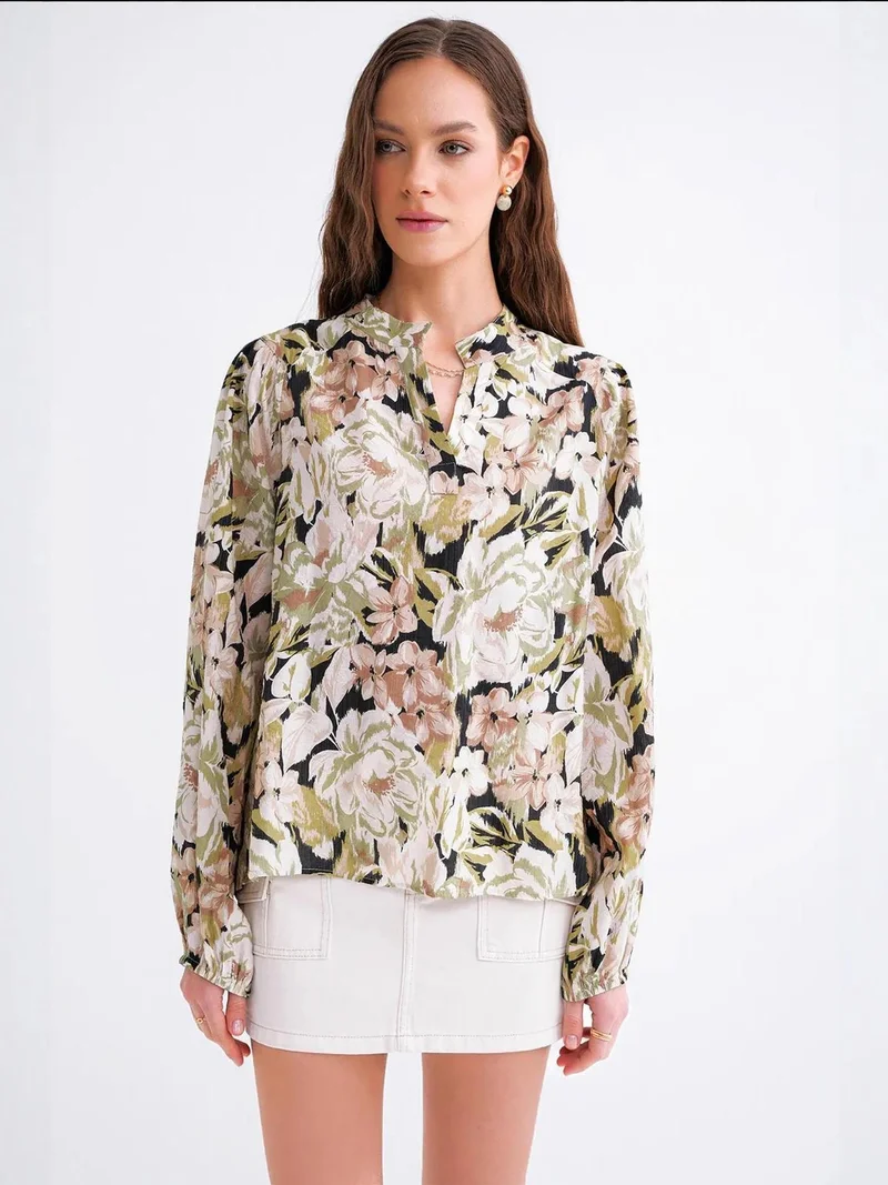 MixRay Khaki Green Floral Print Long Sleeve Mandarin Collar Blouse for Women | Best Price UAE