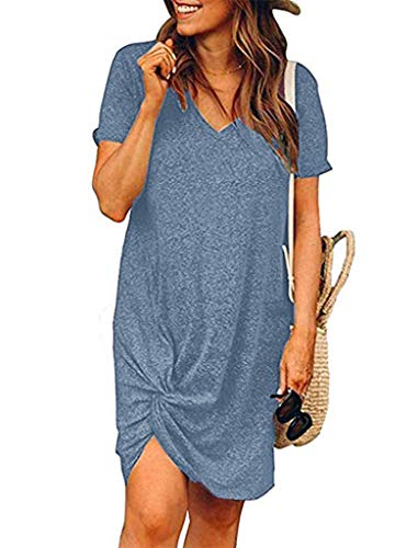 Locryz Women's Summer Short Sleeve Loose Fit Knot Dresses S Dusty Blue - Image 1