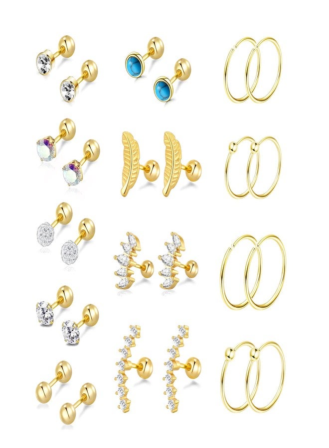PLOMFOV 13Pairs 20G Cartilage Earrings for Women Men CZ Feather Barbell Earrings Stainless Steel Cartilage Hoop Earring 16G Tragus Conch Helix Piercing Jewelry Gold Tone - Image 1