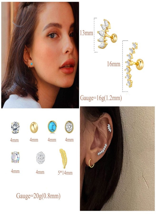 PLOMFOV 13Pairs 20G Cartilage Earrings for Women Men CZ Feather Barbell Earrings Stainless Steel Cartilage Hoop Earring 16G Tragus Conch Helix Piercing Jewelry Gold Tone - Image 4