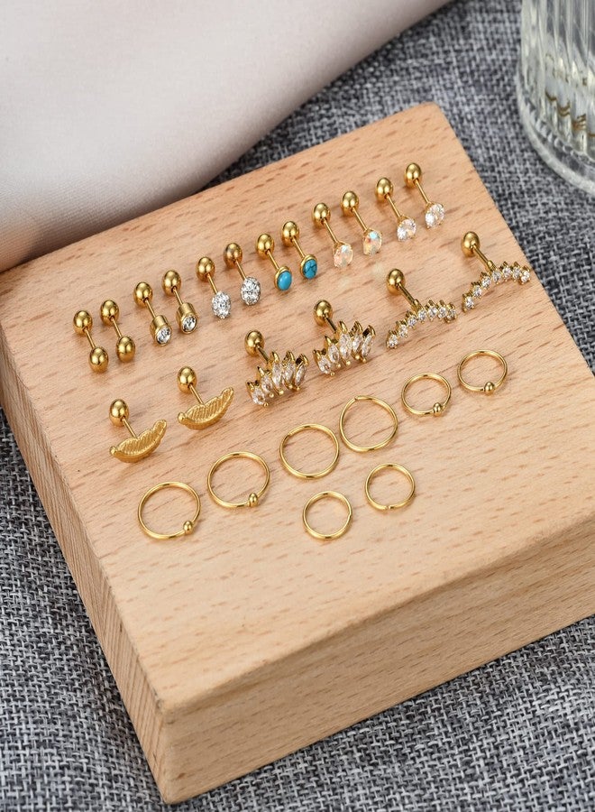 PLOMFOV 13Pairs 20G Cartilage Earrings for Women Men CZ Feather Barbell Earrings Stainless Steel Cartilage Hoop Earring 16G Tragus Conch Helix Piercing Jewelry Gold Tone - Image 5