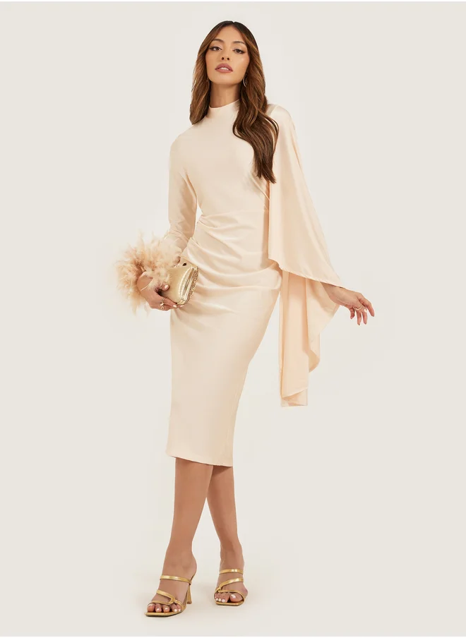 Styli Faux Feather Trim One Cape Bodycon Midi Dress